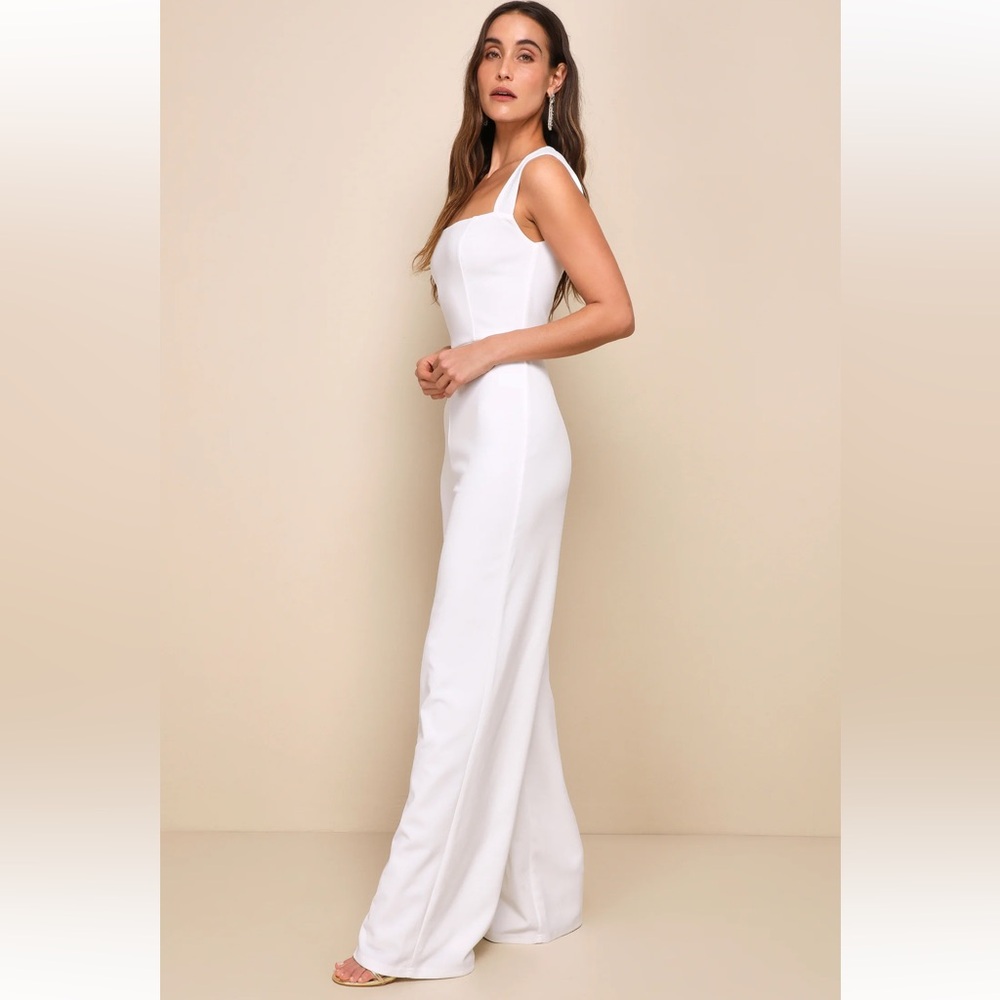 Lulus “Enticing Endeavor” White Jumpsuit: Size L Beaded Waist Added- 35” Inseam